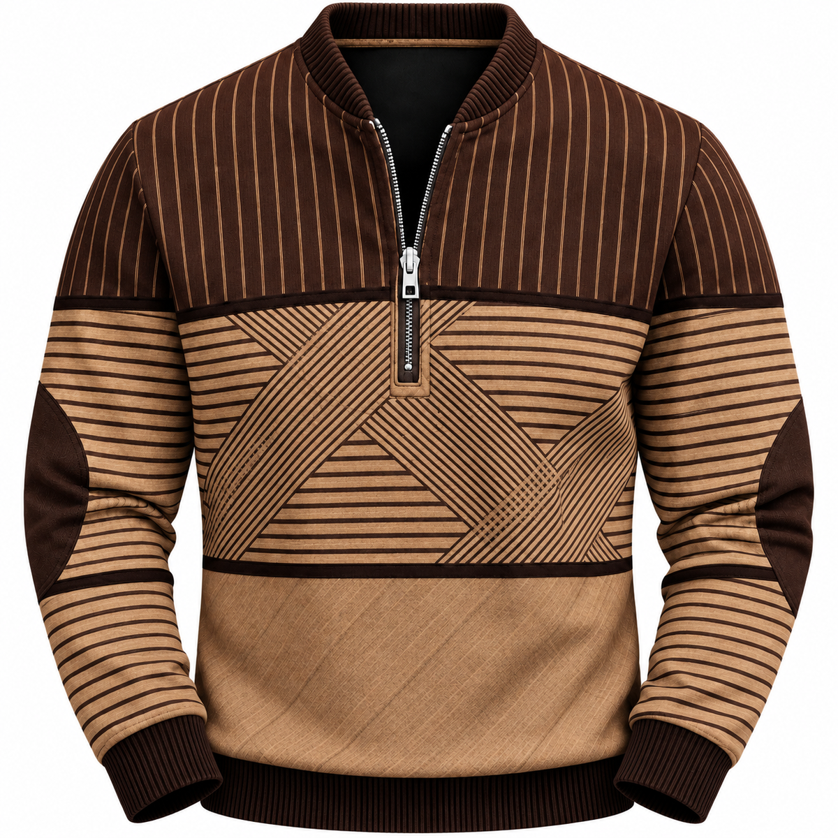Men's striped quarter-zip sweatshirt with elbow patches - camel