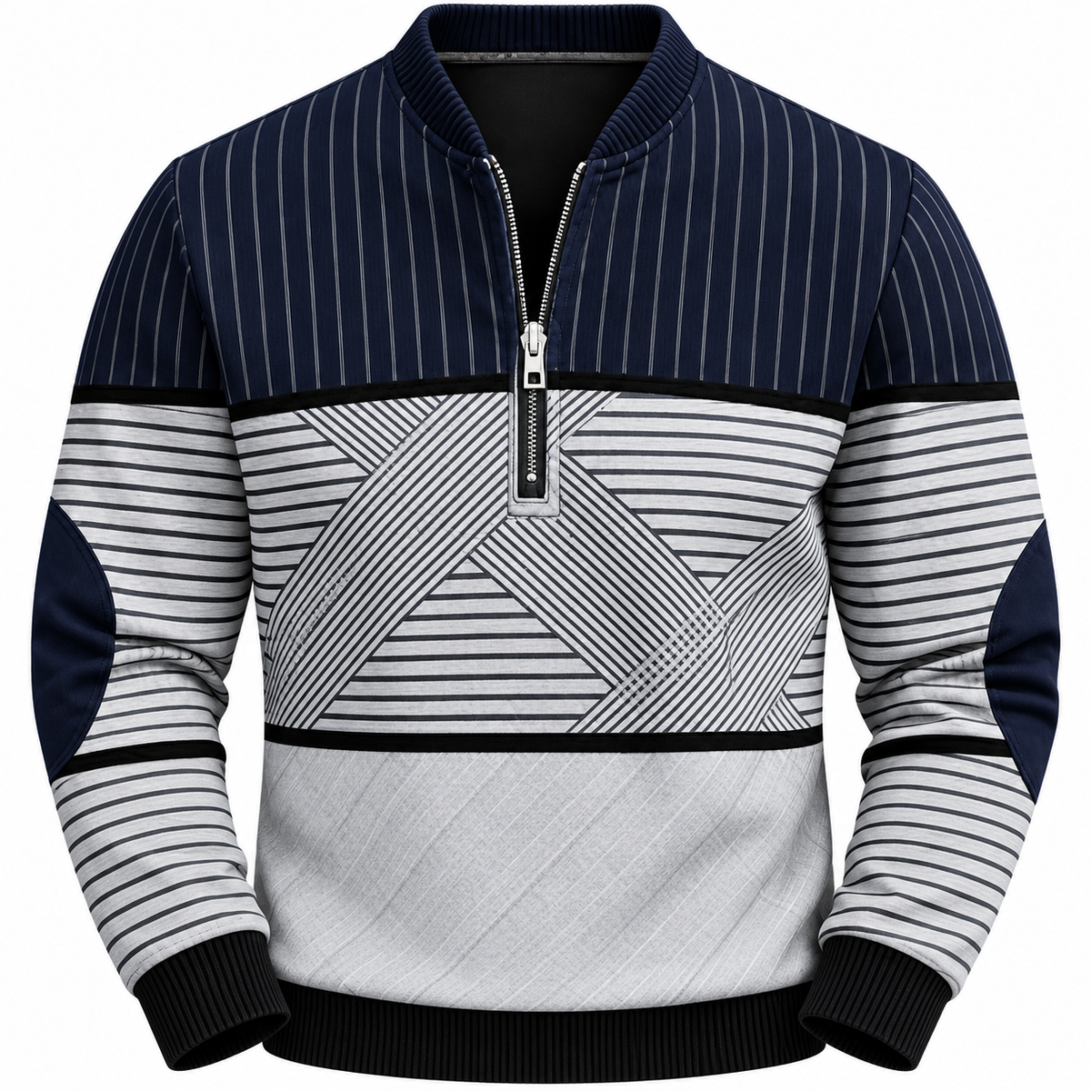 Men's striped quarter-zip sweatshirt with elbow patches - navy