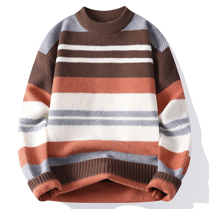 Men's striped crew neck jumper with raglan sleeves - brown/rust