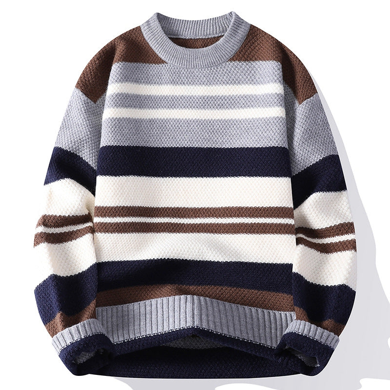 Men's striped crew neck jumper with raglan sleeves - navy/grey
