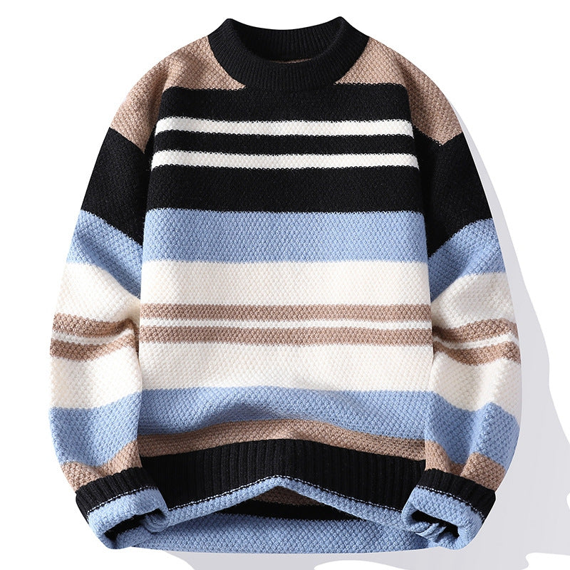Men's striped crew neck jumper with raglan sleeves - black/light blue