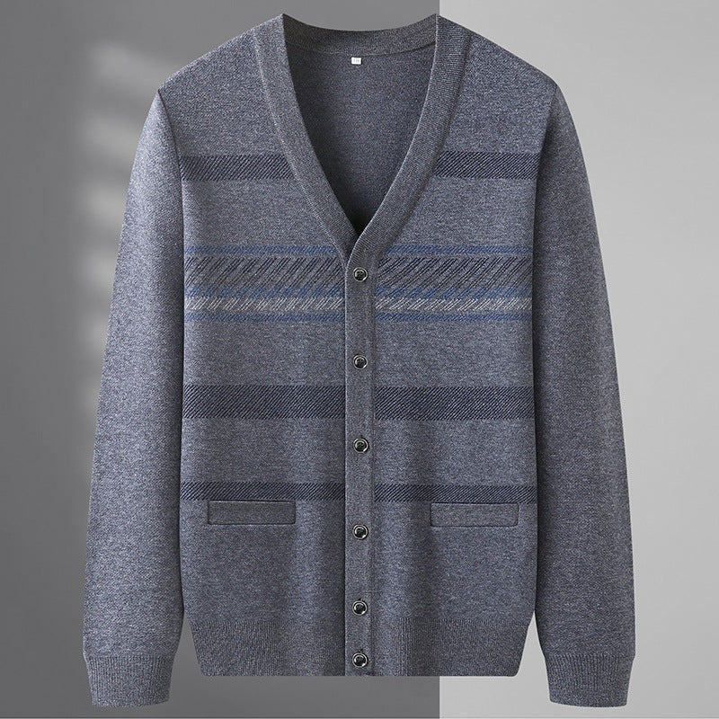 Men's striped V-neck cardigan with a button front and welt pockets - grey blue