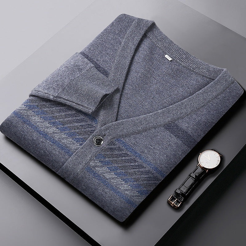 Men's striped V-neck cardigan with a button front and welt pockets - view 2