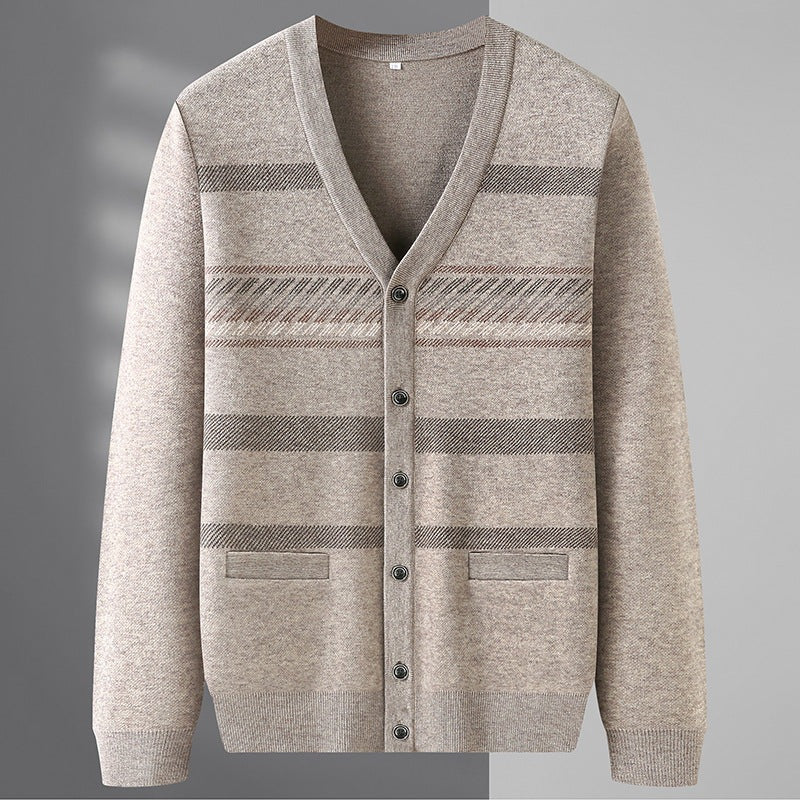 Men's striped V-neck cardigan with a button front and welt pockets - beige