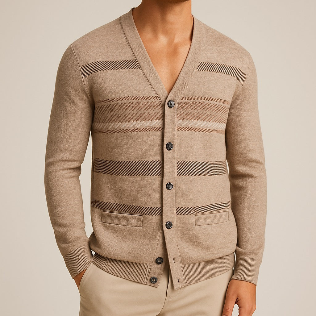Men's striped V-neck cardigan with a button front and welt pockets - view 4