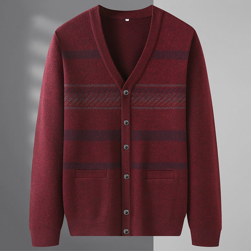 Men's striped V-neck cardigan with a button front and welt pockets - burgundy