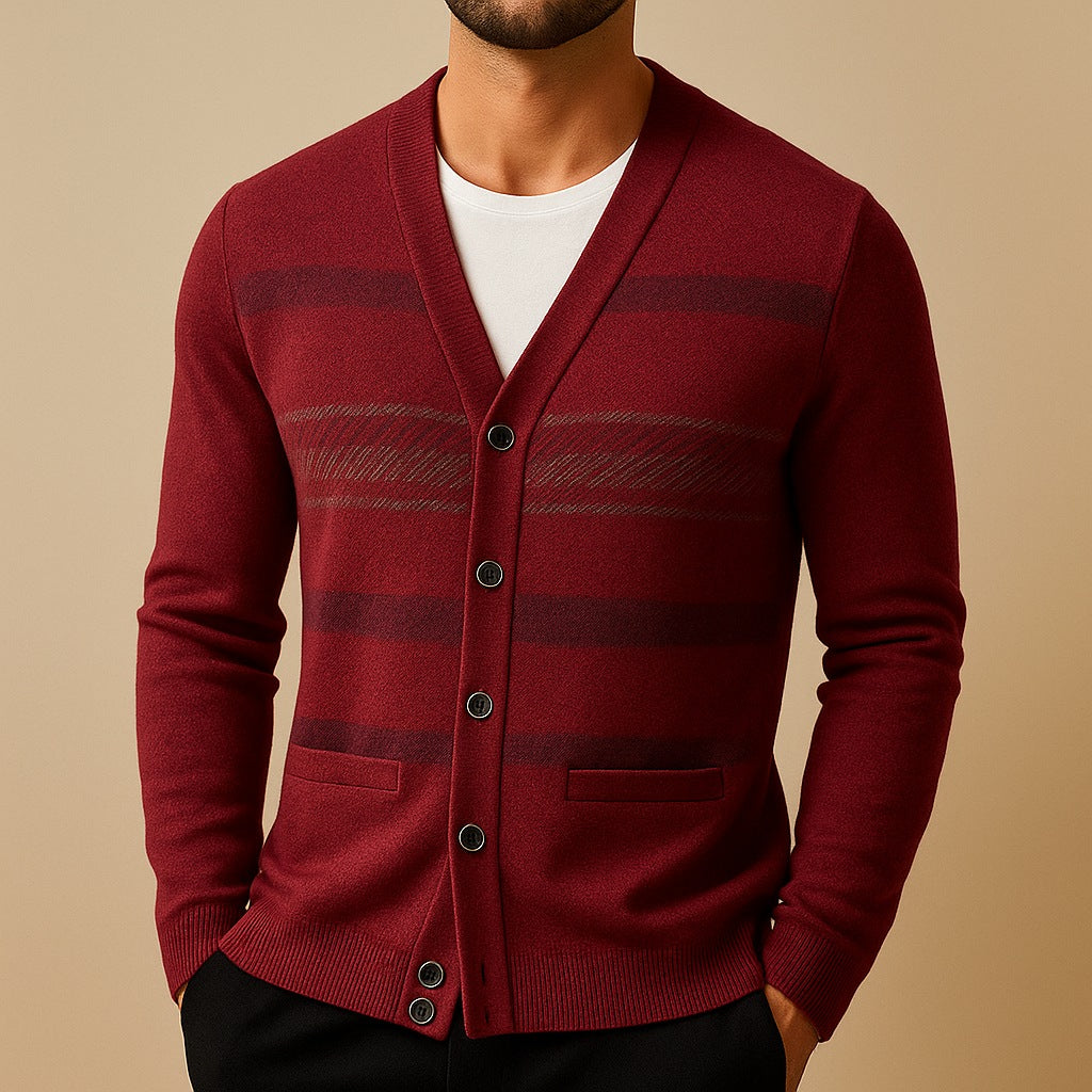 Men's striped V-neck cardigan with a button front and welt pockets - view 6