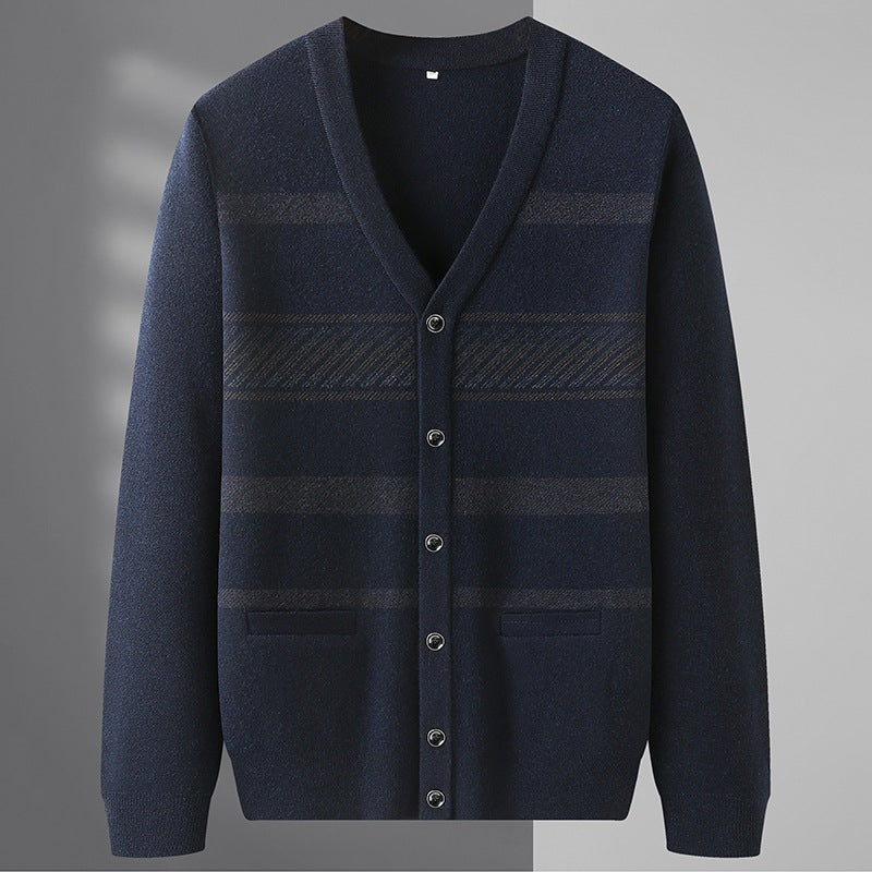 Men's striped V-neck cardigan with a button front and welt pockets - navy