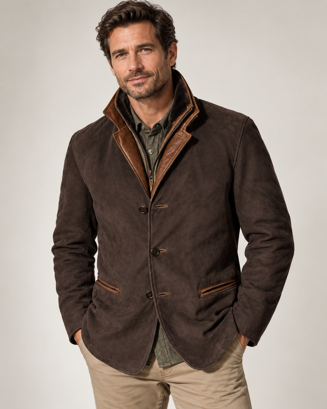 Men's suede-look blazer with a double collar and zip insert