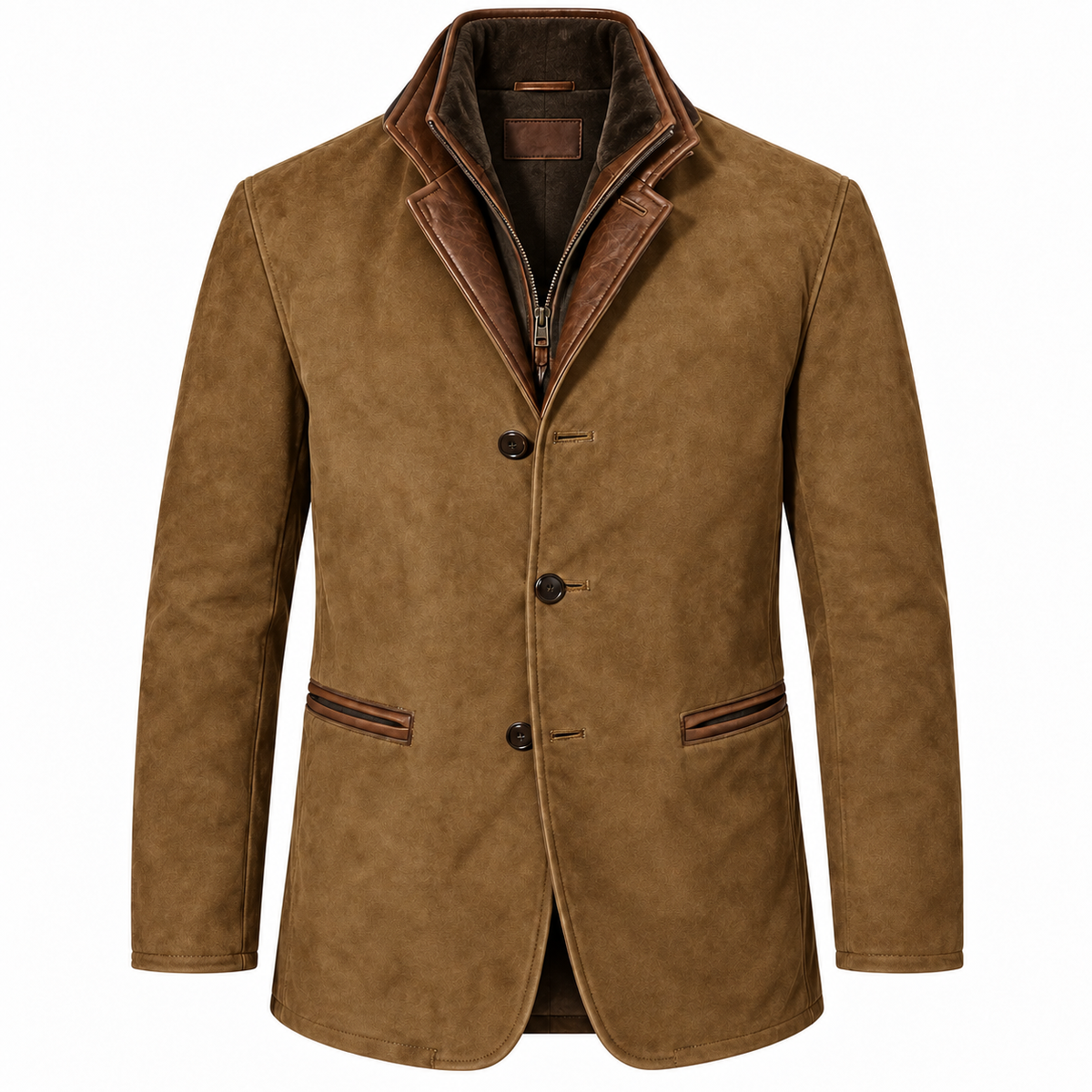 Men's suede-look blazer with a double collar and zip insert - tan