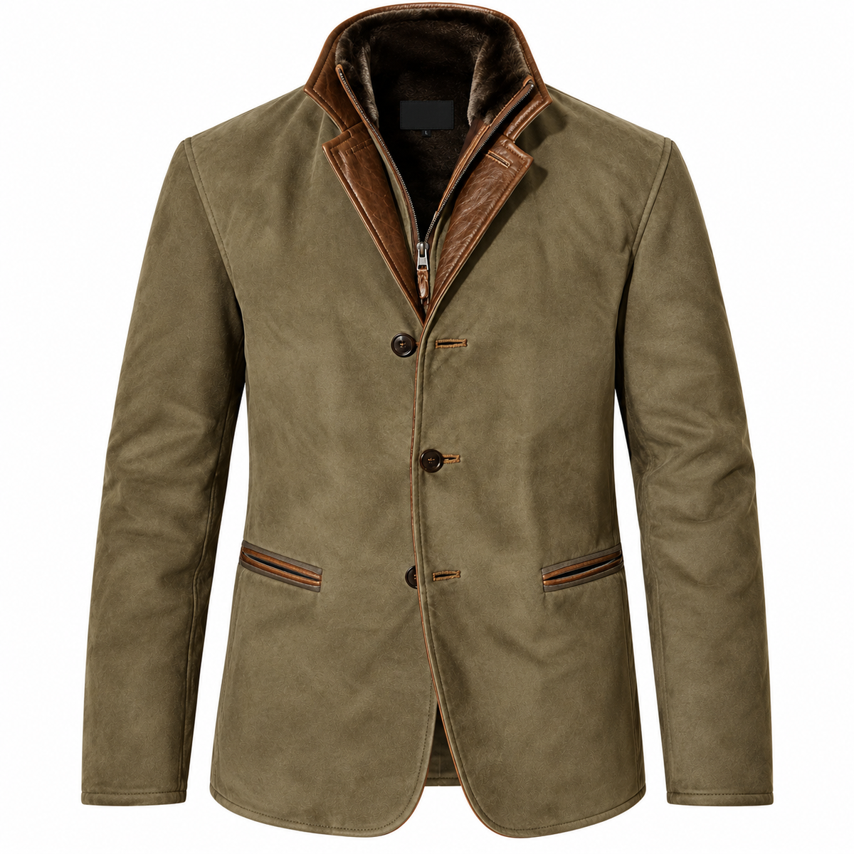 Men's suede-look blazer with a double collar and zip insert - olive