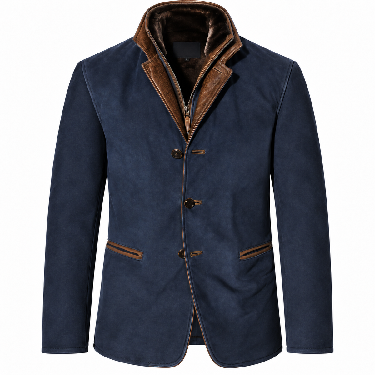 Men's suede-look blazer with a double collar and zip insert - navy