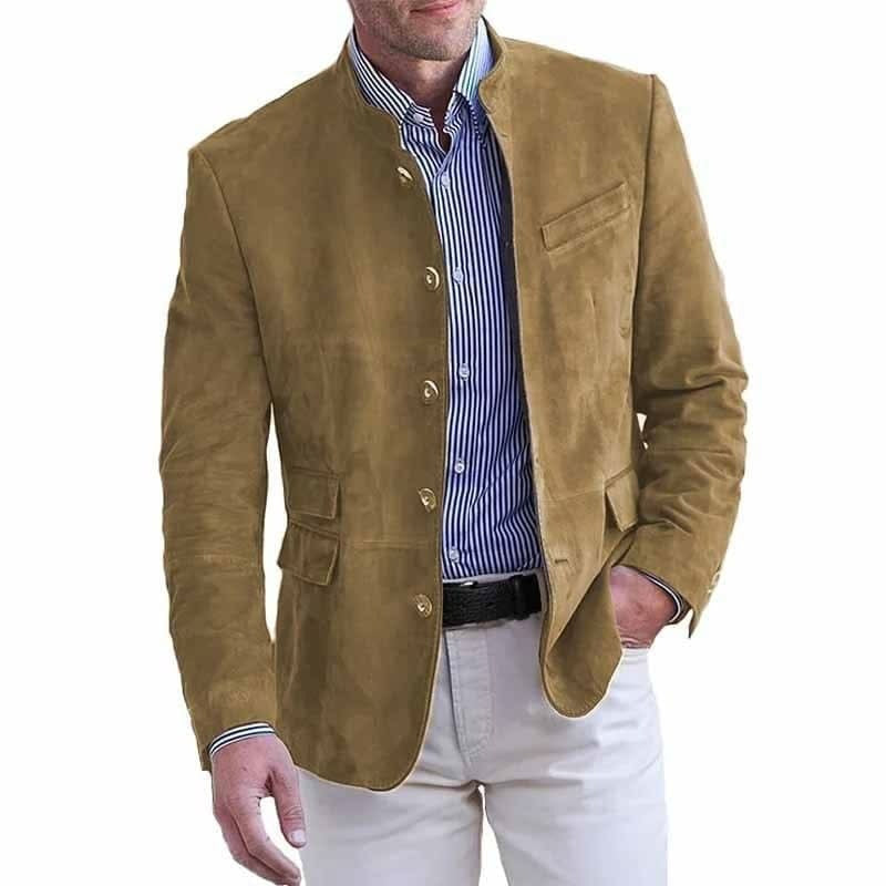 Men's suede-look blazer with a stand collar and five buttons - camel
