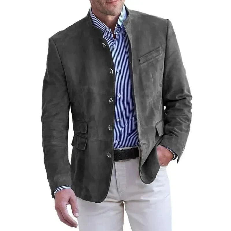 Men's suede-look blazer with a stand collar and five buttons - grey
