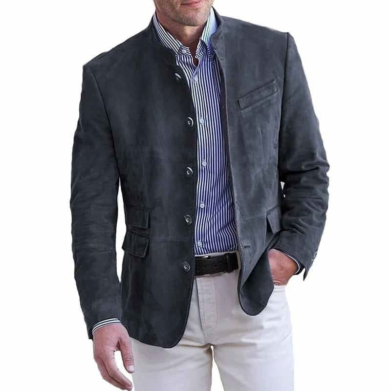 Men's suede-look blazer with a stand collar and five buttons - slate grey