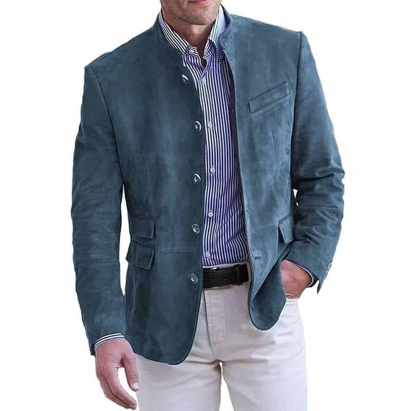 Men's suede-look blazer with a stand collar and five buttons - steel blue