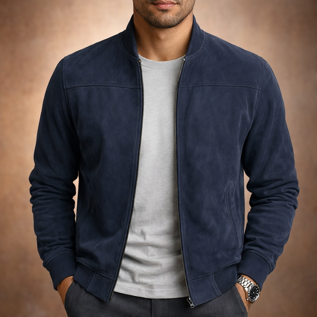 Suede look bomber jacket for men with full zip, ribbed collar, cuffs and hem - navy