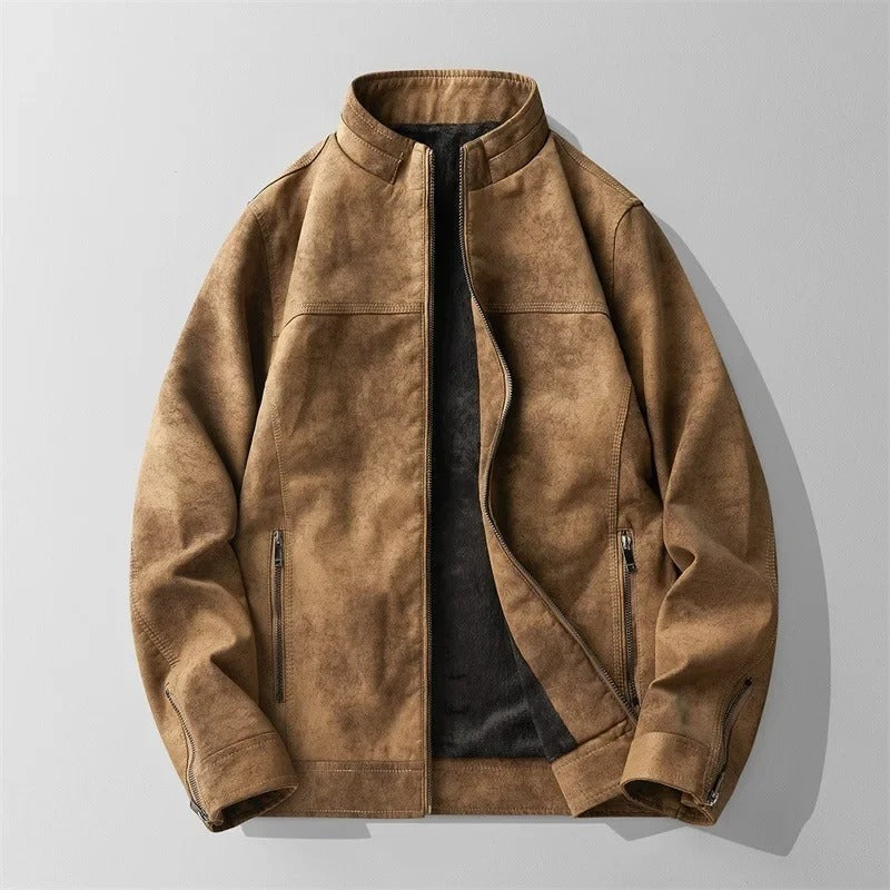 Men's suede-look jacket with a stand collar, fleece lining and zip pockets - brown