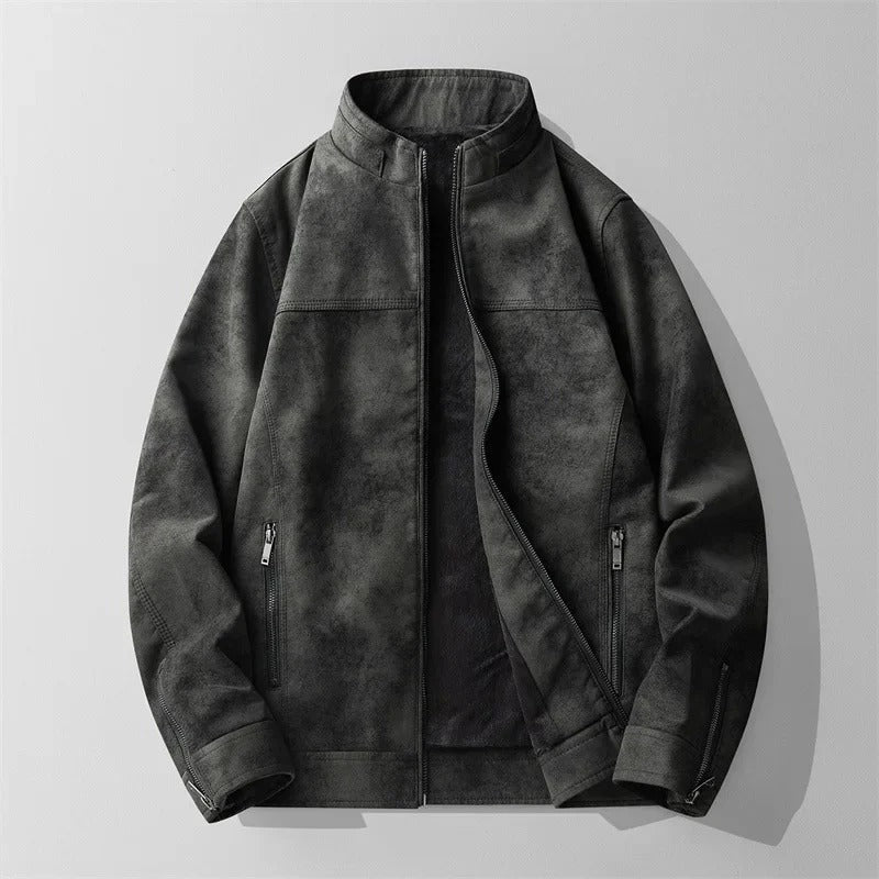Men's suede-look jacket with a stand collar, fleece lining and zip pockets - charcoal