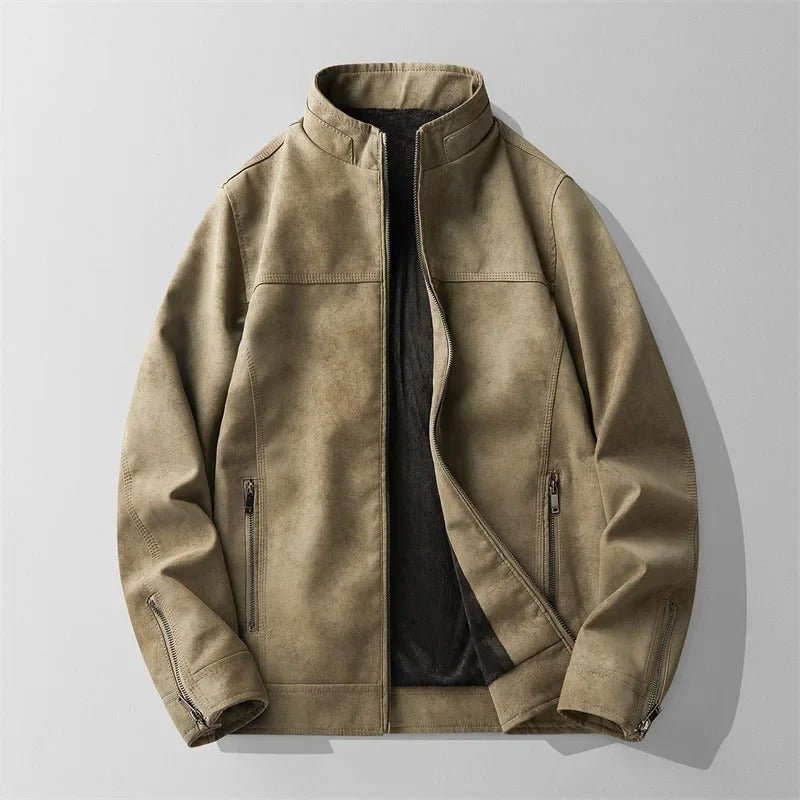 Men's suede-look jacket with a stand collar, fleece lining and zip pockets - khaki