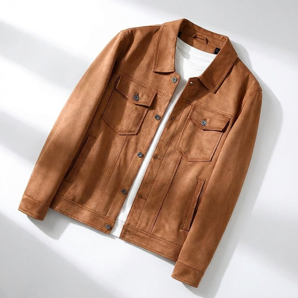 Men's lightweight suede-look jacket with a point collar and flap chest pockets - cognac