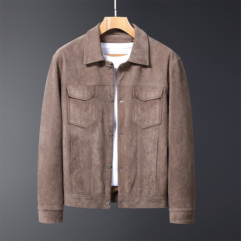Men's lightweight suede-look jacket with a point collar and flap chest pockets - taupe