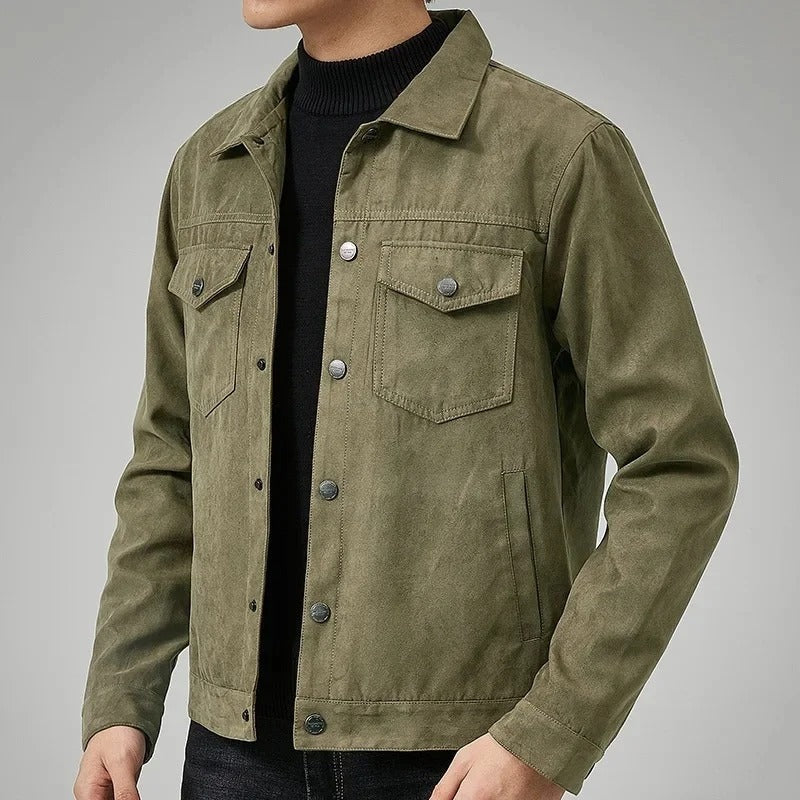 Men's suede-look jacket with a point collar and flap chest pockets - olive green