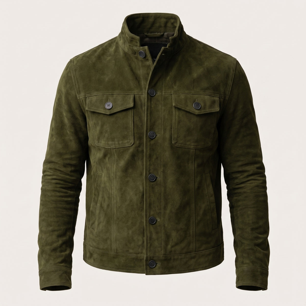 Men's suede-look shirt jacket with a stand collar and chest pockets - olive