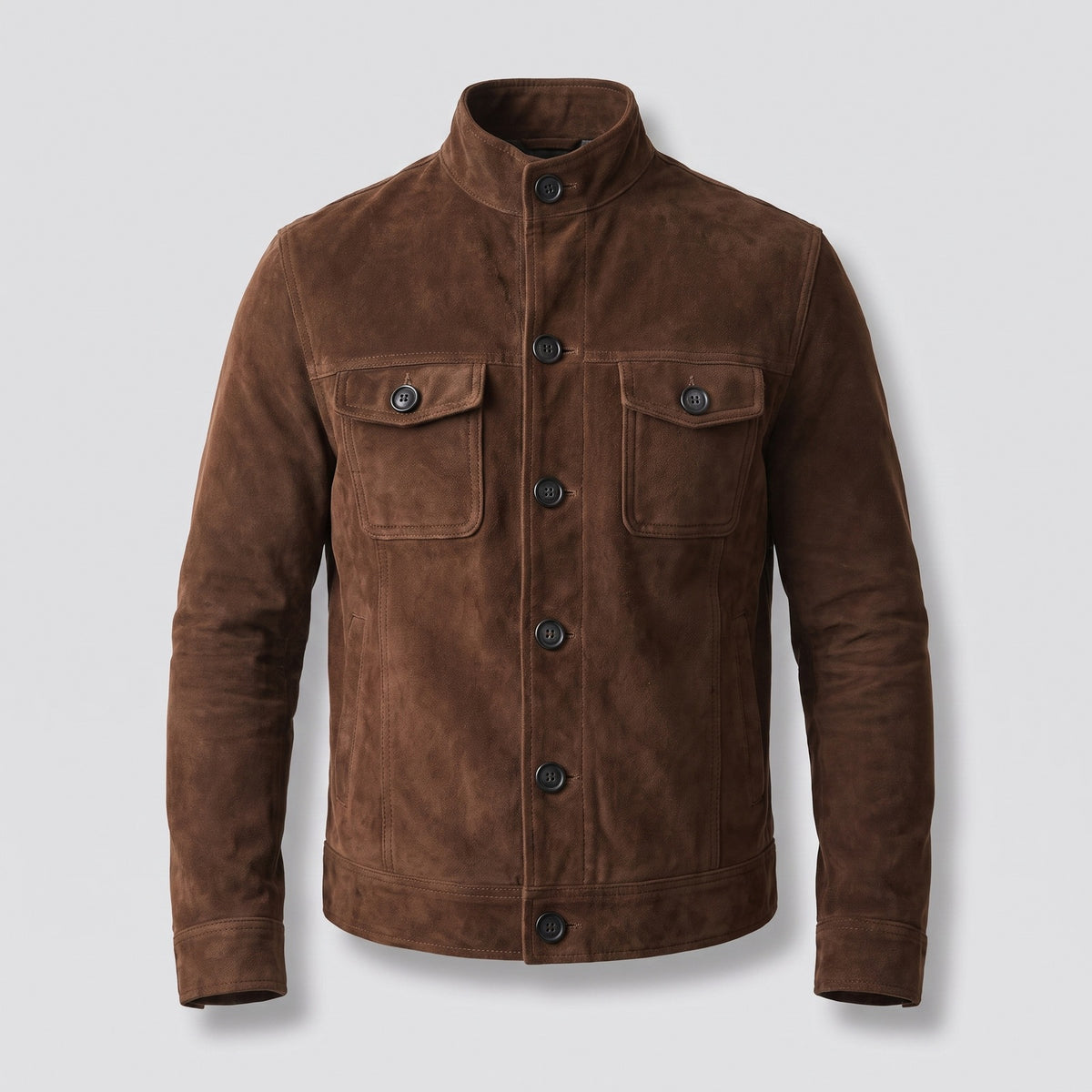 Men's suede-look shirt jacket with a stand collar and chest pockets - dark brown
