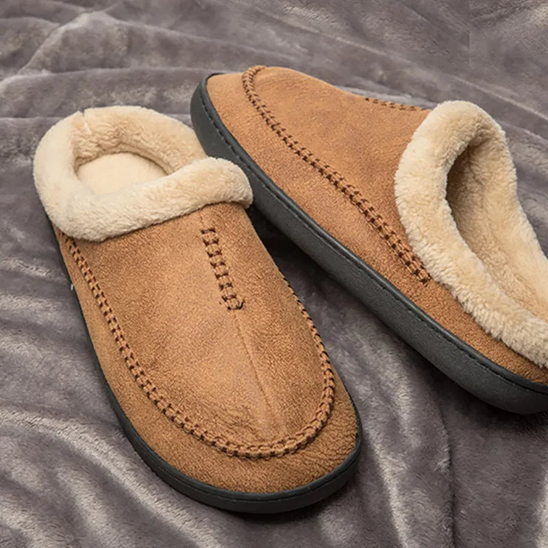 Men's slippers in a suede look with moccasin stitching, folded teddy collar and open heel