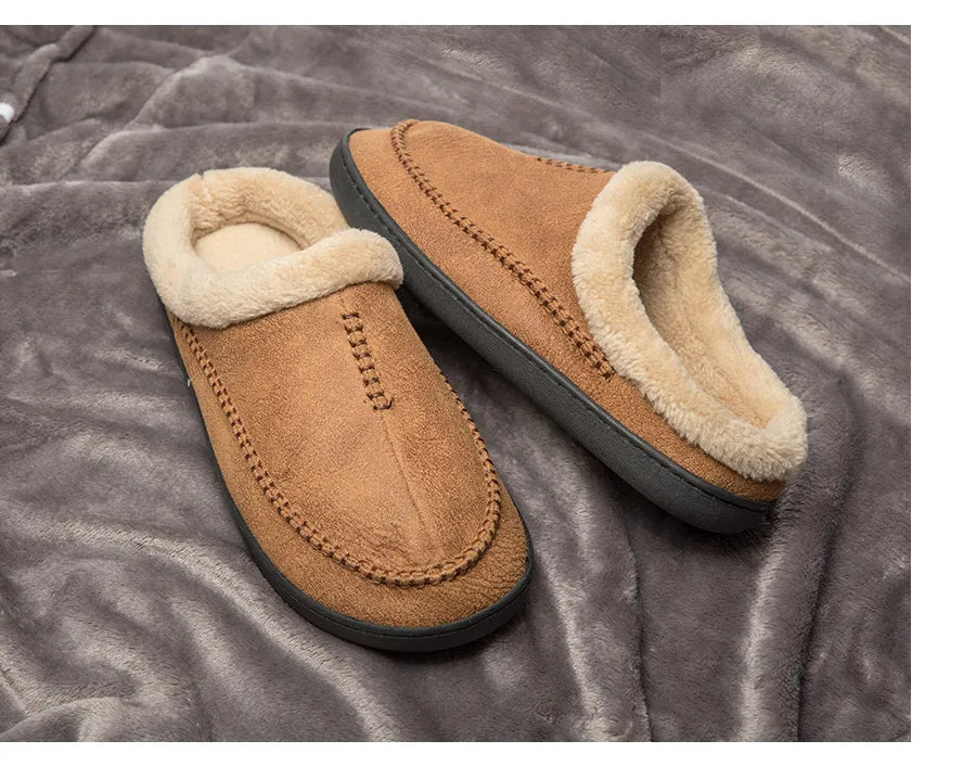 Men's slippers in a suede look with moccasin stitching, folded teddy collar and open heel - view 10