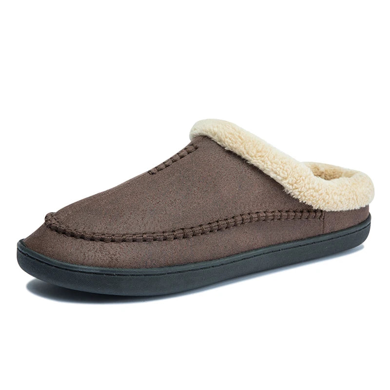 Men's slippers in a suede look with moccasin stitching, folded teddy collar and open heel - dark brown