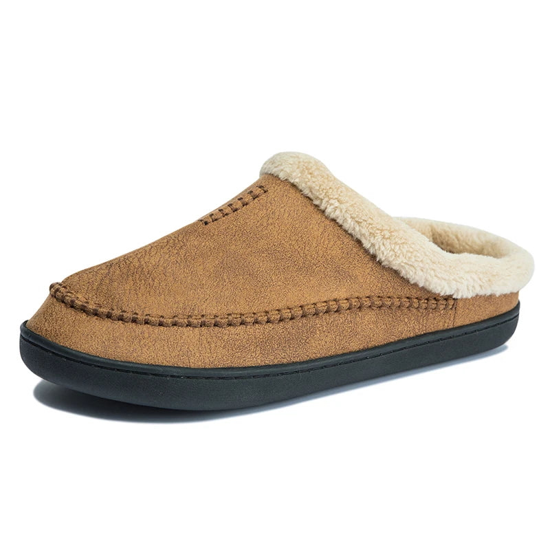 Men's slippers in a suede look with moccasin stitching, folded teddy collar and open heel - tan