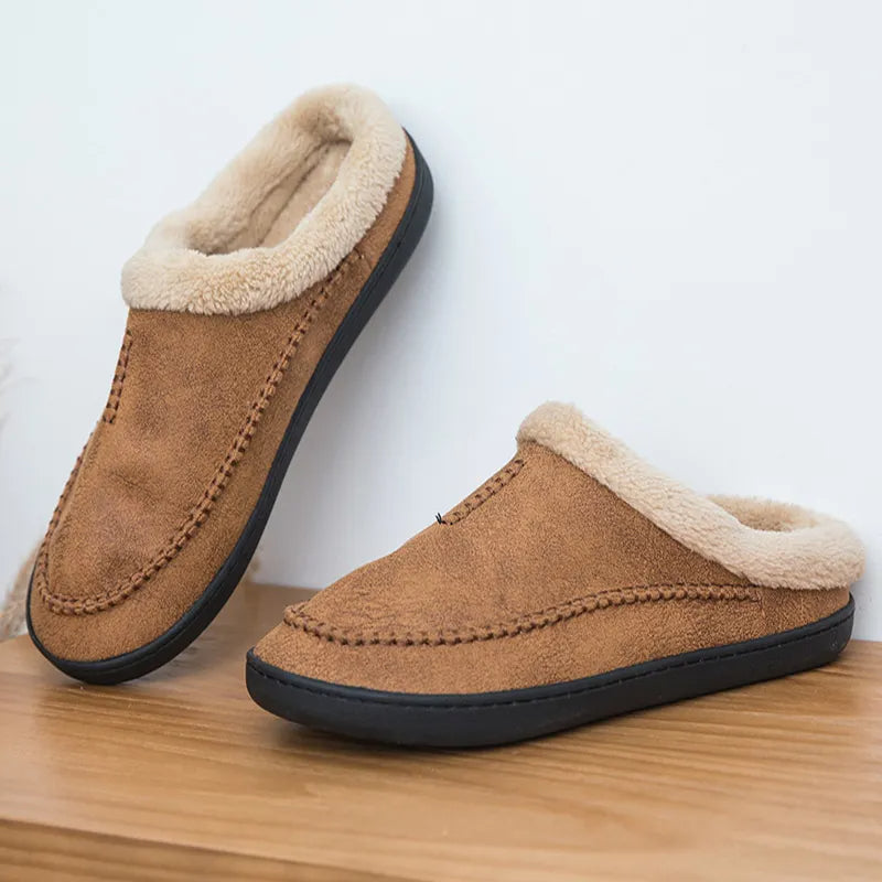 Men's slippers in a suede look with moccasin stitching, folded teddy collar and open heel - view 6