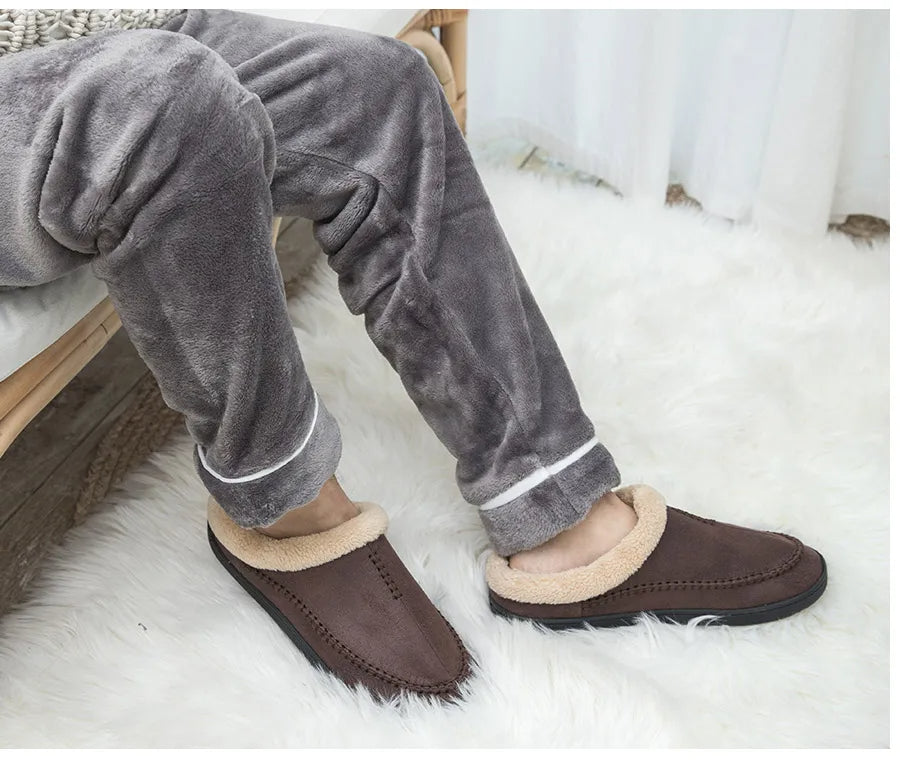 Men's slippers in a suede look with moccasin stitching, folded teddy collar and open heel - view 8