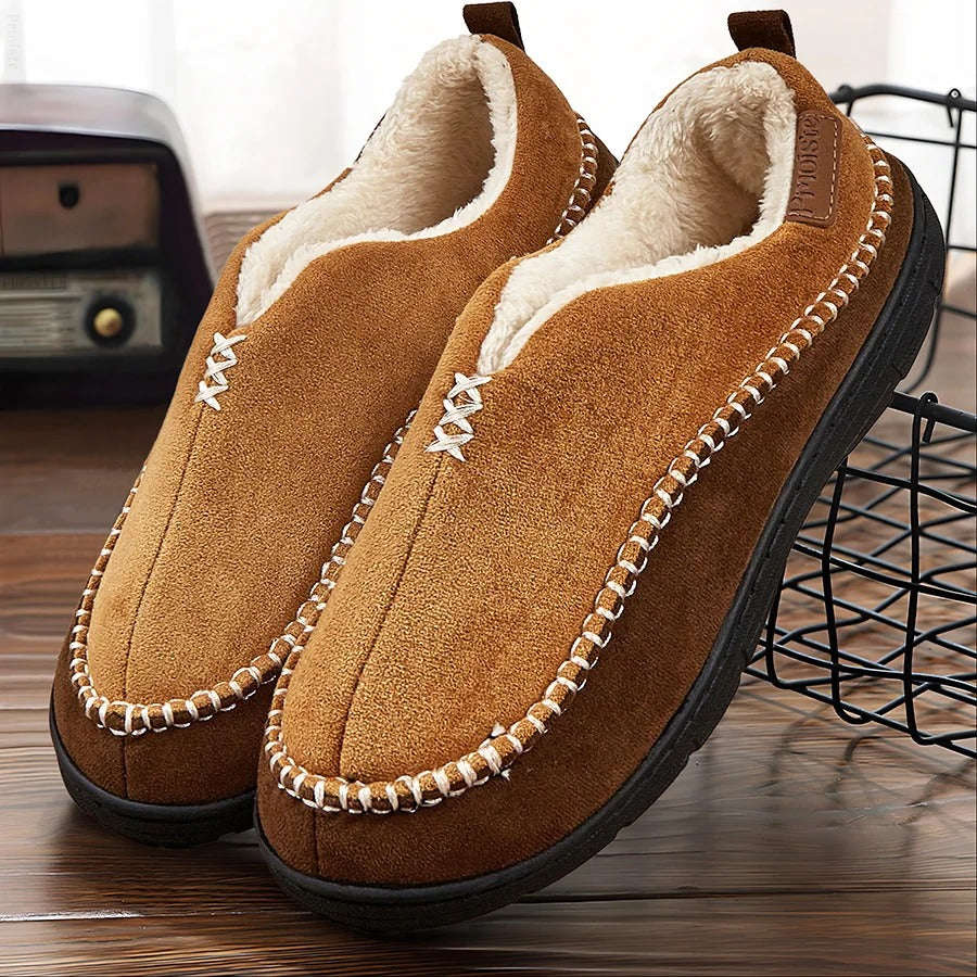 Closed men's slippers in suede look with teddy lining and a hard sole with tread - view 3
