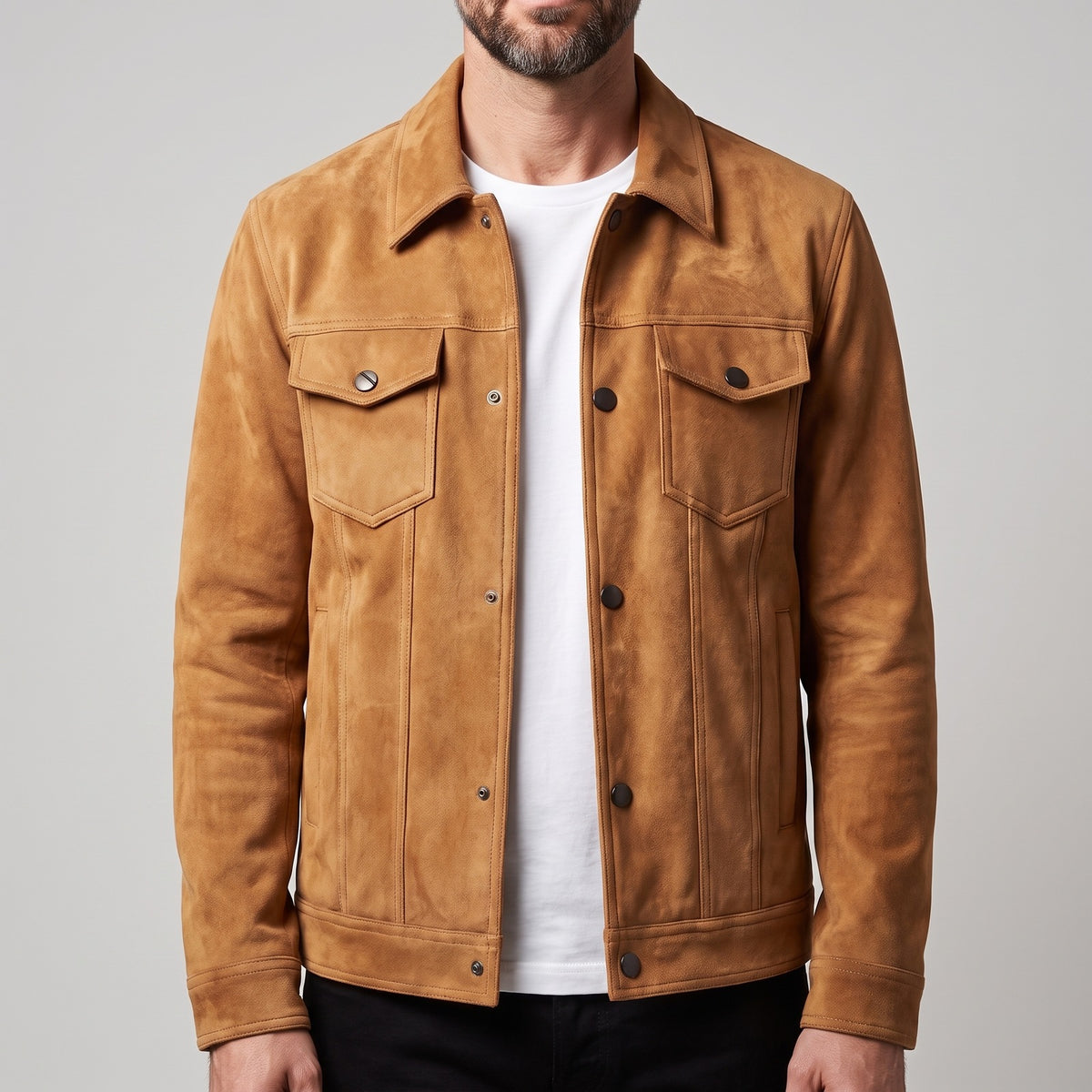 Men's suede-look trucker jacket with flap chest pockets - cognac