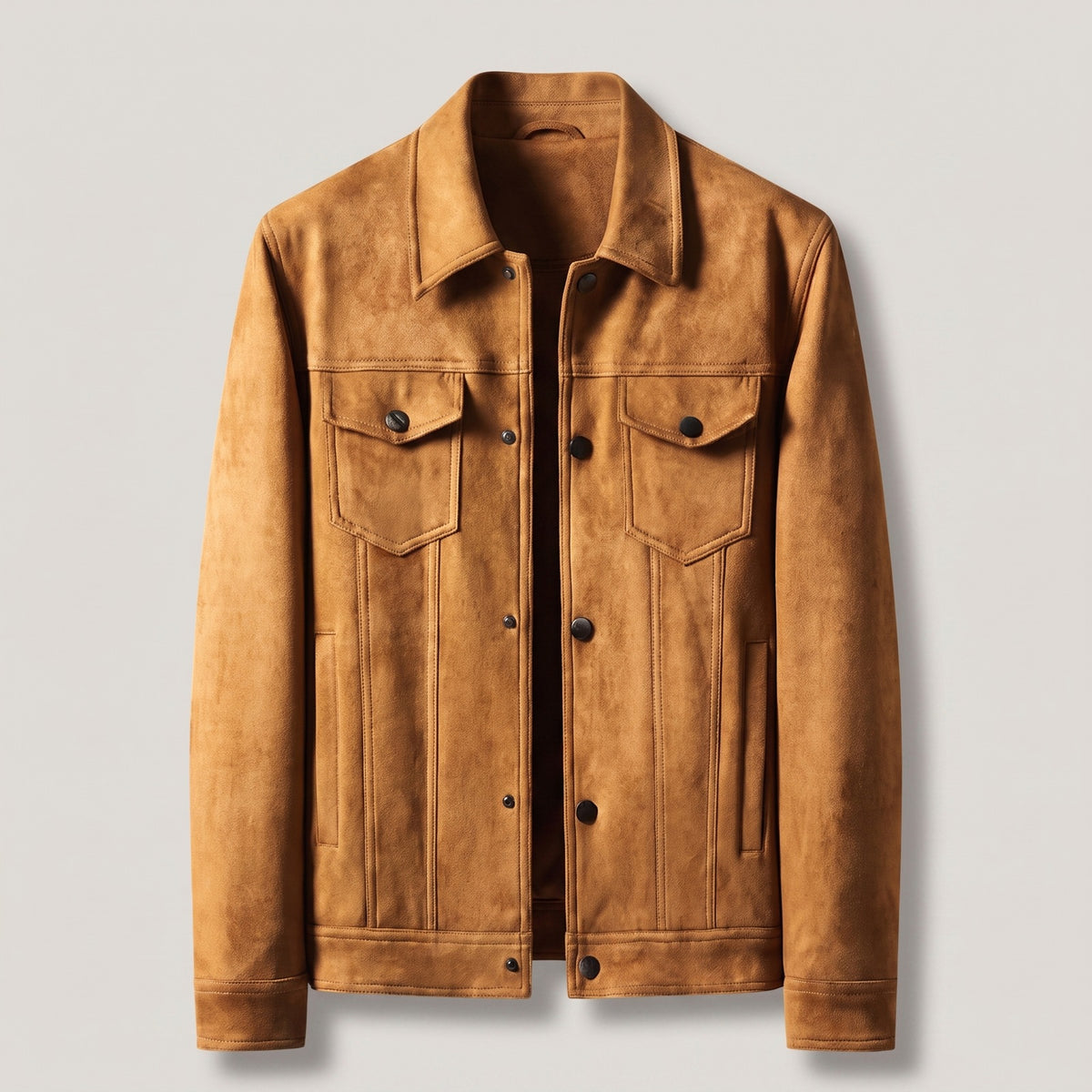 Men's suede-look trucker jacket with flap chest pockets - cognac