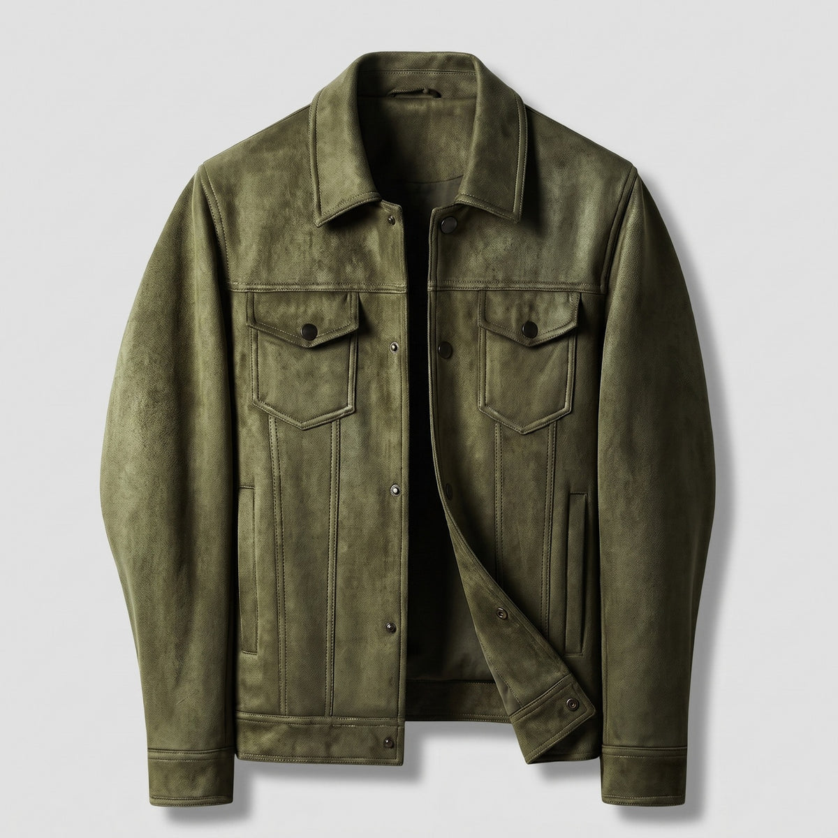 Men's suede-look trucker jacket with flap chest pockets - army green