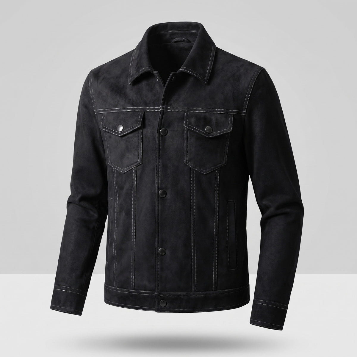 Men's suede-look trucker jacket with flap chest pockets - black