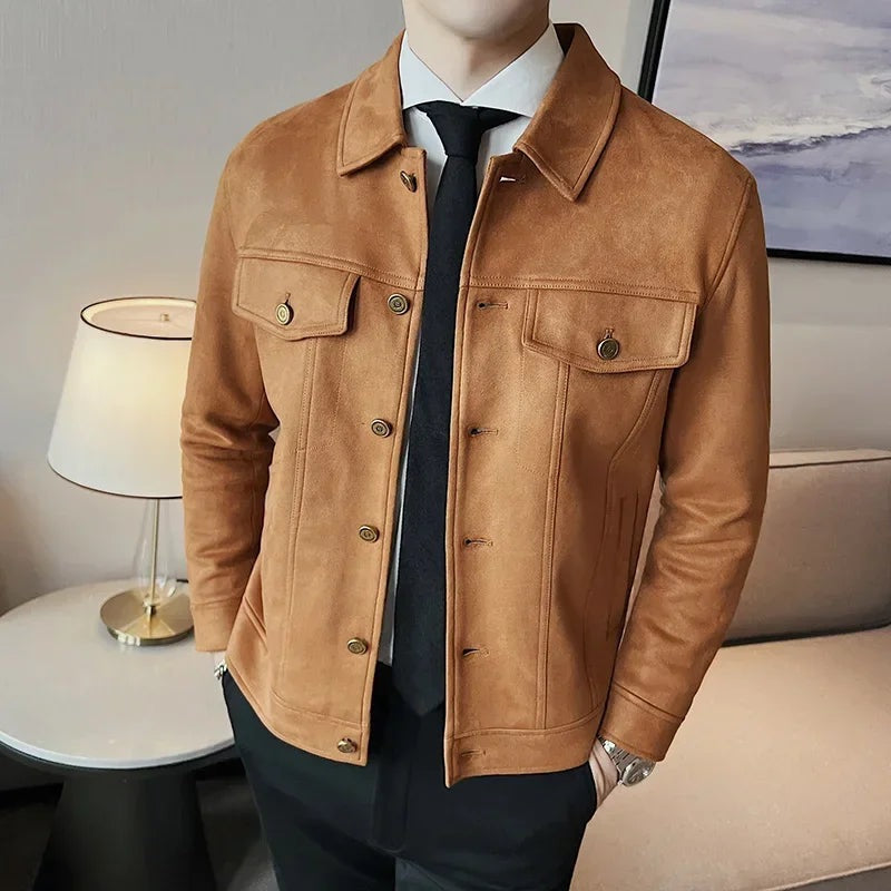 Men's suede-look trucker jacket with two flap chest pockets - cognac