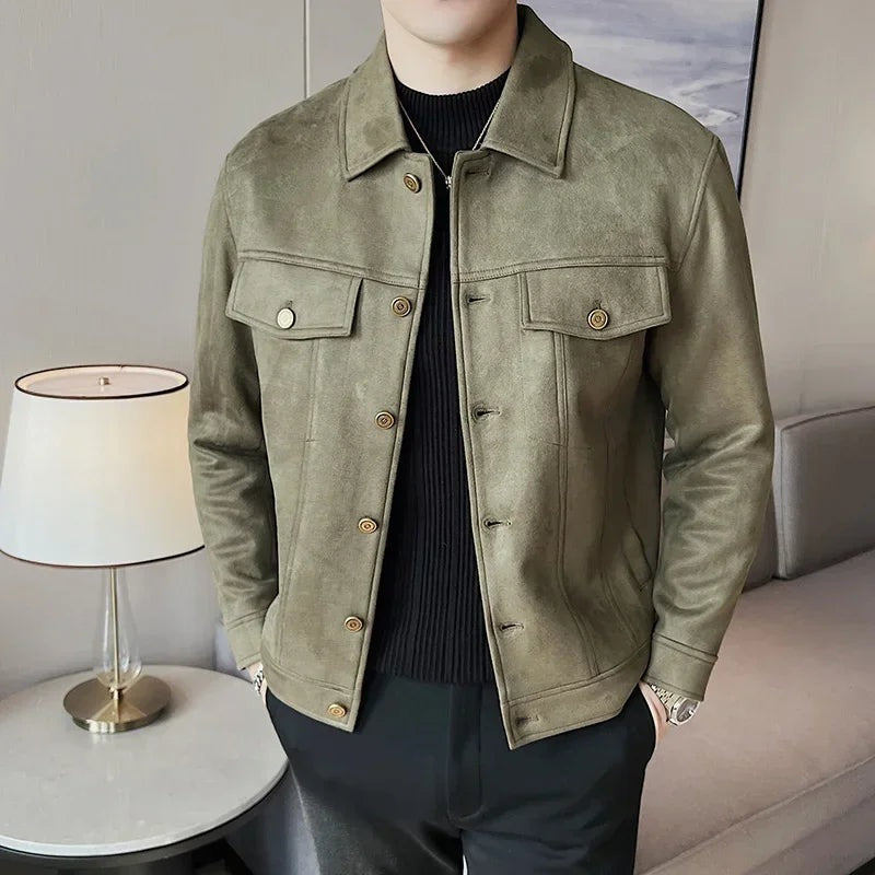 Men's suede-look trucker jacket with two flap chest pockets - sage green