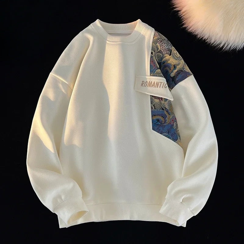 Men's crew neck sweatshirt with a teddy bear tapestry panel - cream