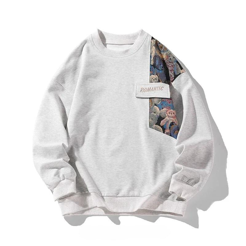Men's crew neck sweatshirt with a teddy bear tapestry panel - light grey