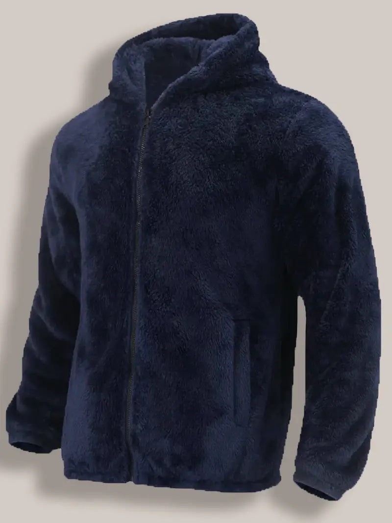 Men's teddy fleece hooded jacket with a full zip - navy