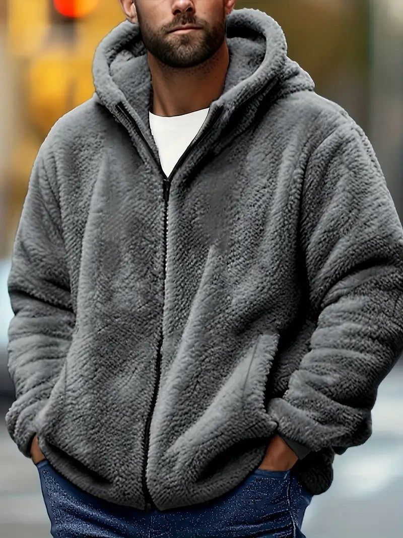 Men's teddy fleece hooded jacket with a full zip - grey