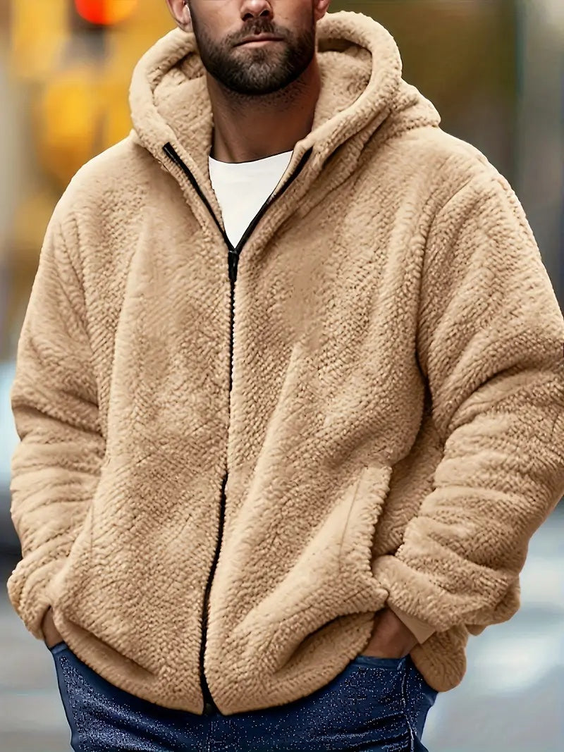 Men's teddy fleece hooded jacket with a full zip - beige