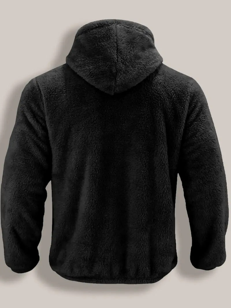 Men's teddy fleece hooded jacket with a full zip - black