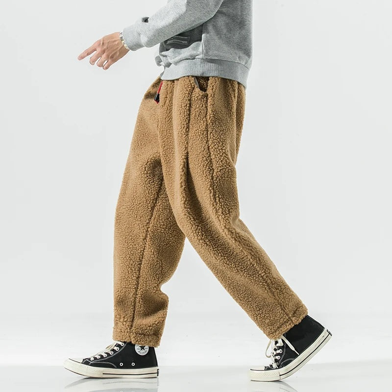 Men's teddy fleece joggers with a red drawcord and elasticated ankle cuffs - camel