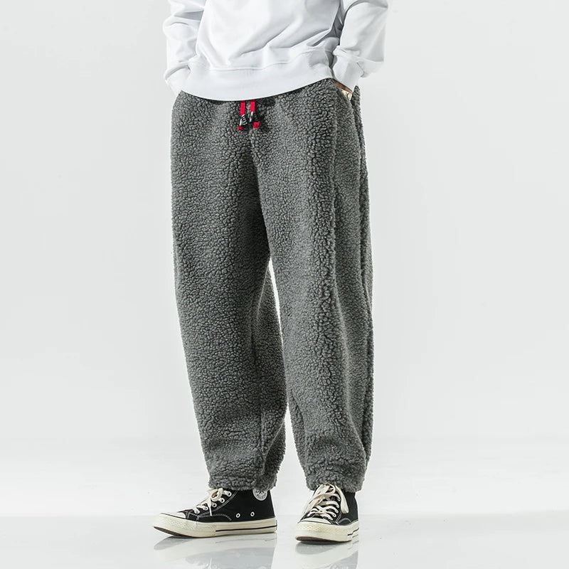 Men's teddy fleece joggers with a red drawcord and elasticated ankle cuffs - grey